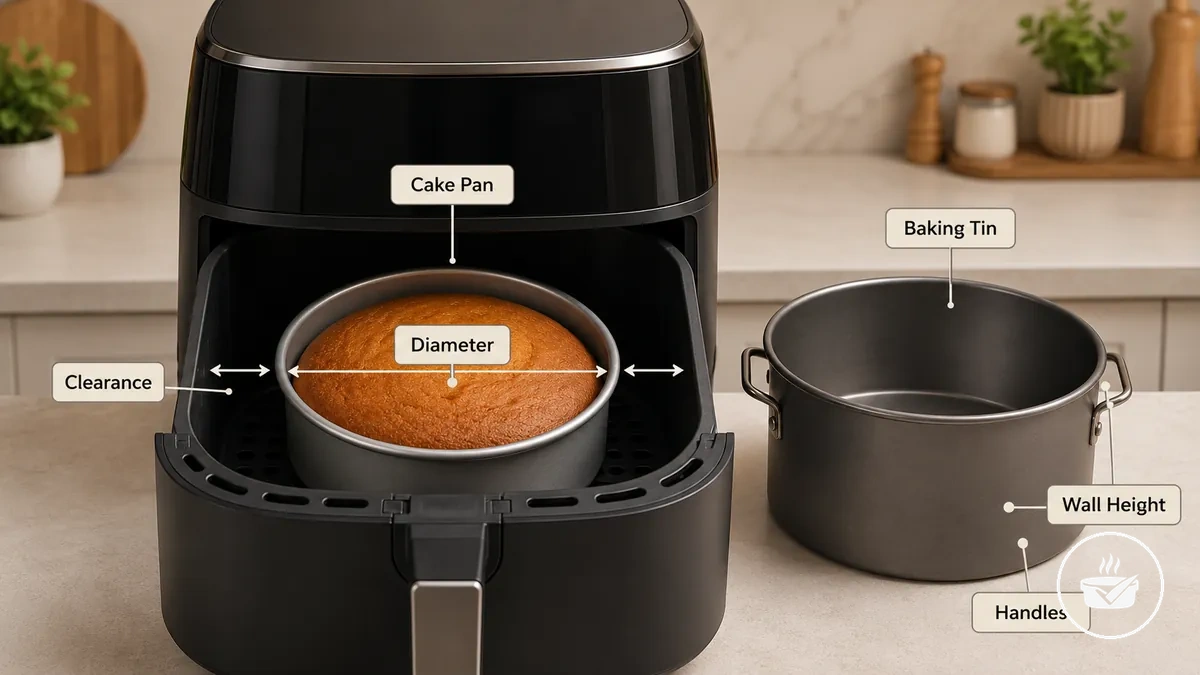 Small oven-safe cake pan checked for fit inside an air fryer basket