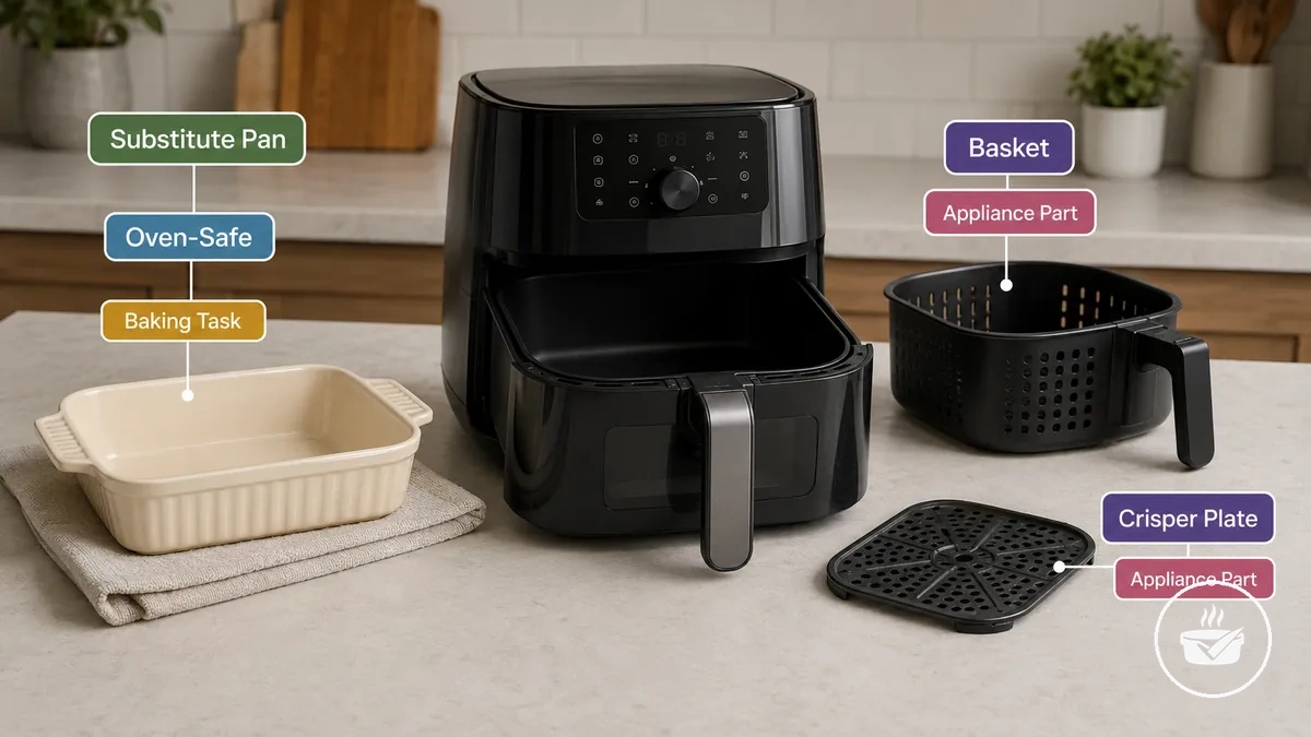 Air fryer baking pan substitute beside a basket and crisper plate
