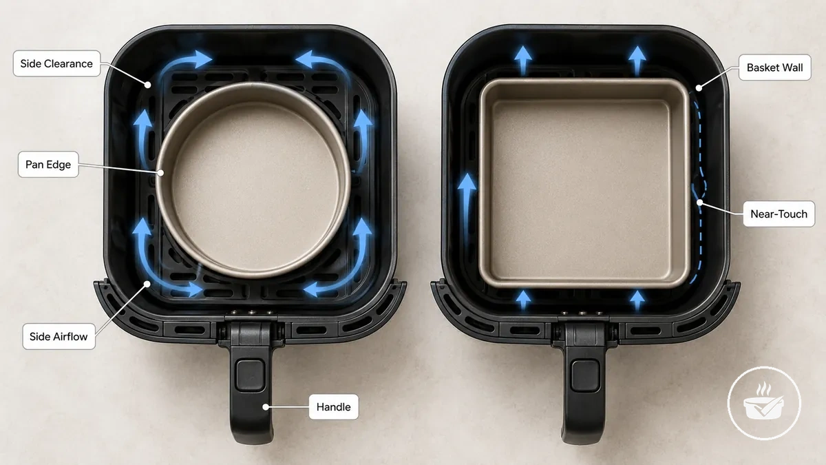 Side clearance between a baking pan and the air fryer basket wall