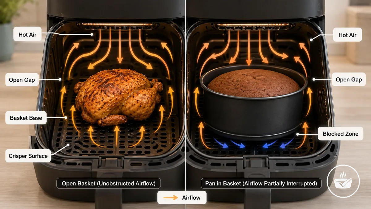 Simple diagram showing how bakeware changes hot-air movement inside an air fryer