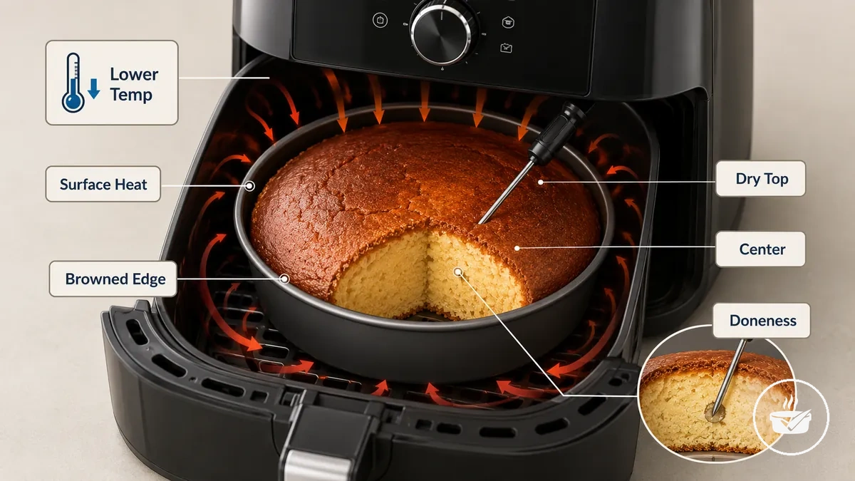 air fryer cake pan with browned edges showing when to lower temperature