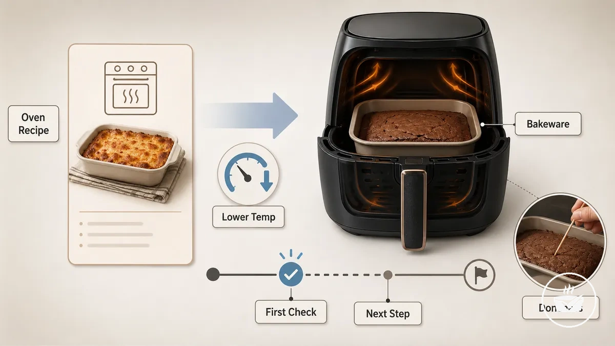 oven to air fryer bakeware conversion example with temperature and time adjustments