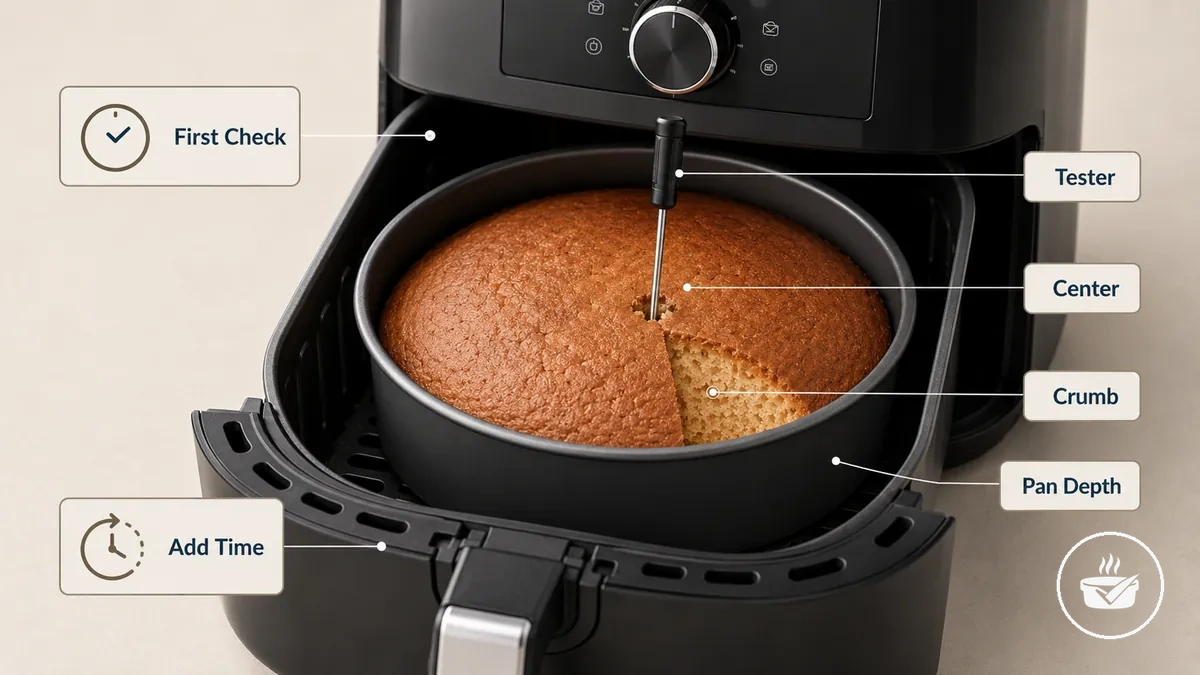 checking the center of air fryer bakeware before shortening baking time
