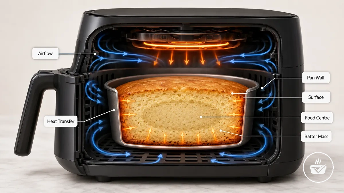 diagram showing how bakeware changes airflow and heat transfer in an air fryer