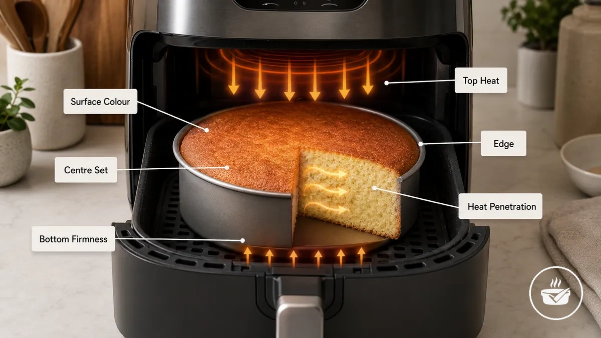 Annotated example showing browning, centre set, and edge cues with air fryer bakeware