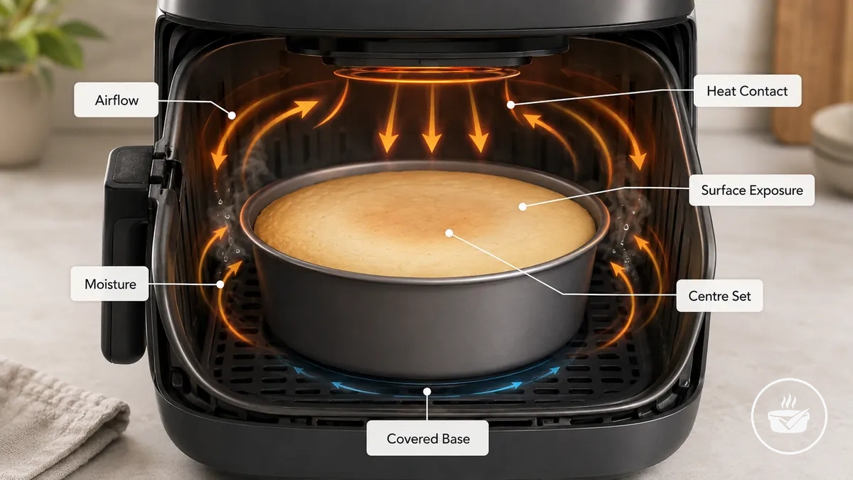 Annotated diagram showing airflow and heat contact around air fryer bakeware