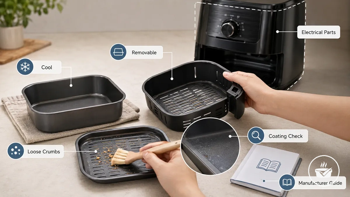 Preparing removable air fryer bakeware for gentle cleaning and surface inspection