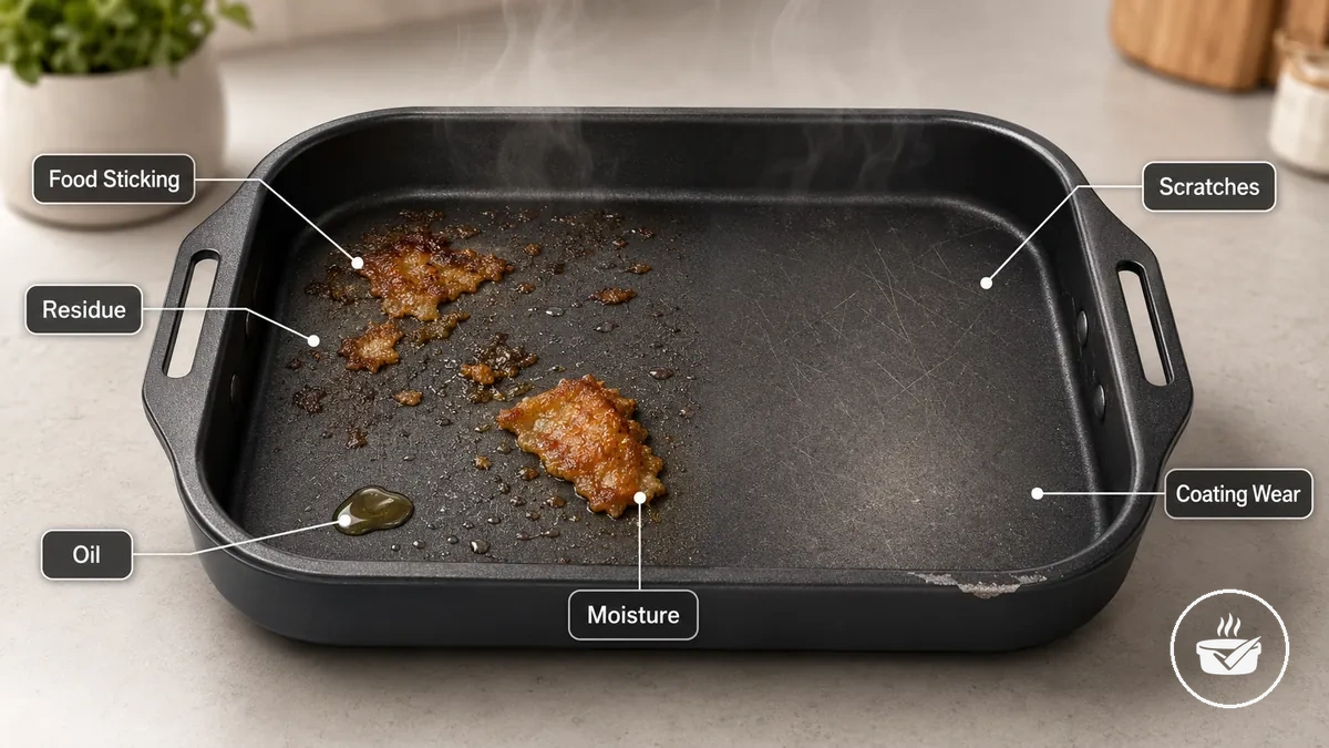 Air fryer bakeware with food sticking and visible nonstick surface wear.