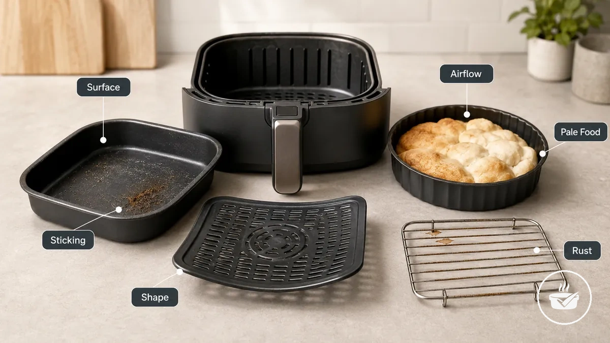 Air fryer bakeware symptoms grouped by surface, shape, and airflow cues.