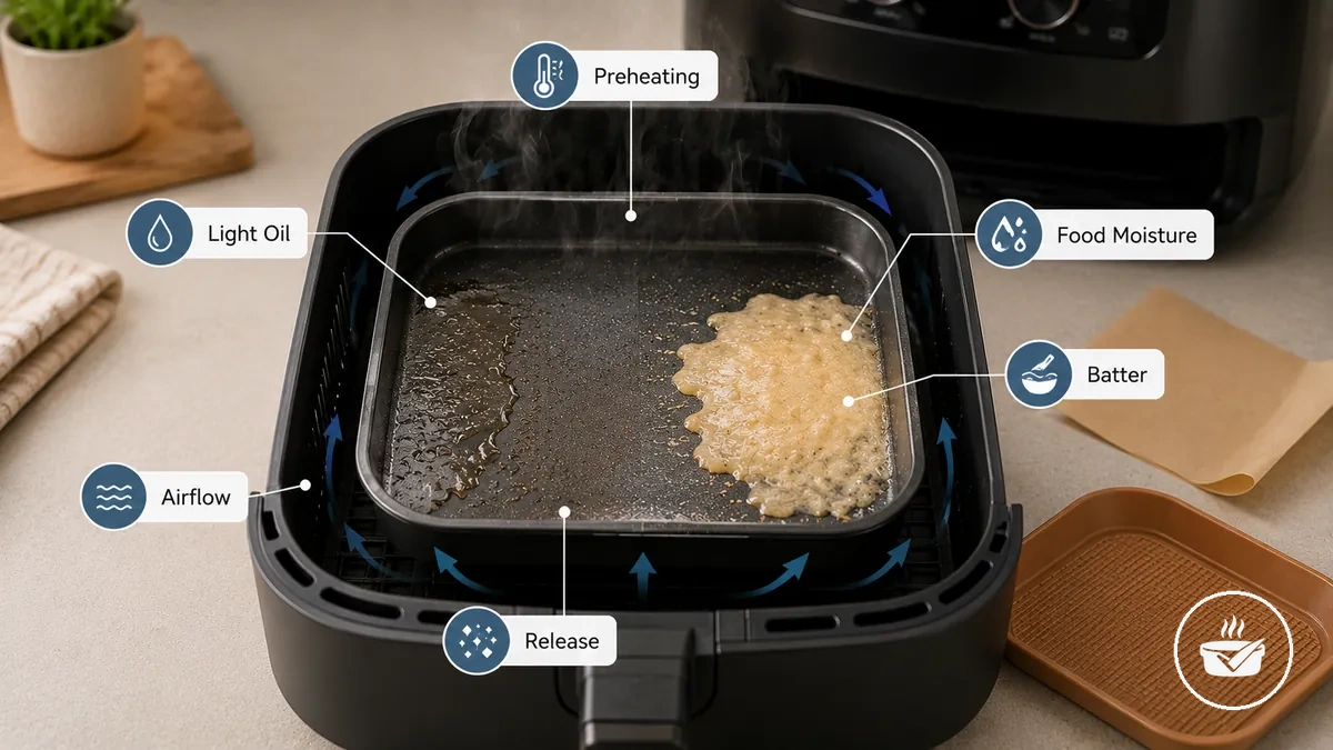 Oil, preheating, and food moisture conditions affecting release on air fryer bakeware.