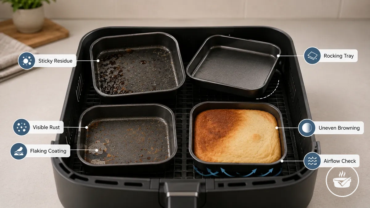 Visible air fryer bakeware symptoms showing surface, shape, and airflow cues.