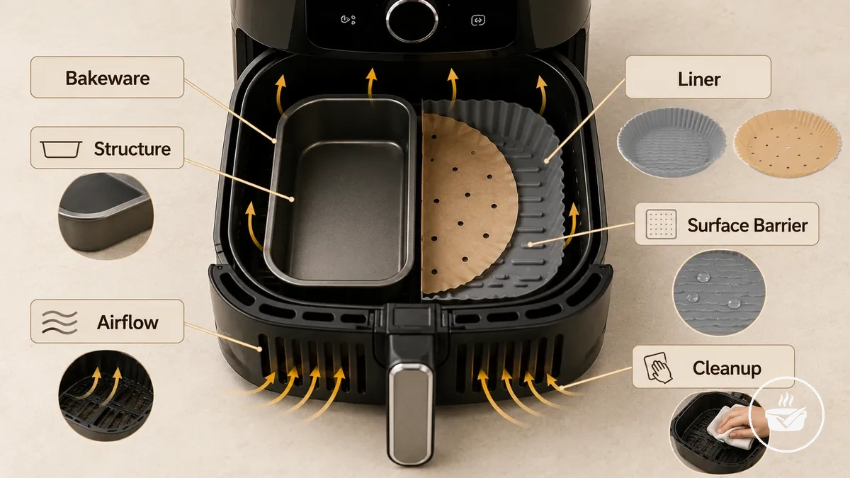 annotated air fryer bakeware and liner showing structure airflow and cleanup roles