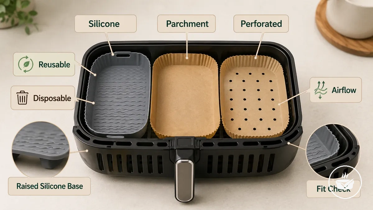 silicone parchment and perforated air fryer liners compared by material and hole pattern