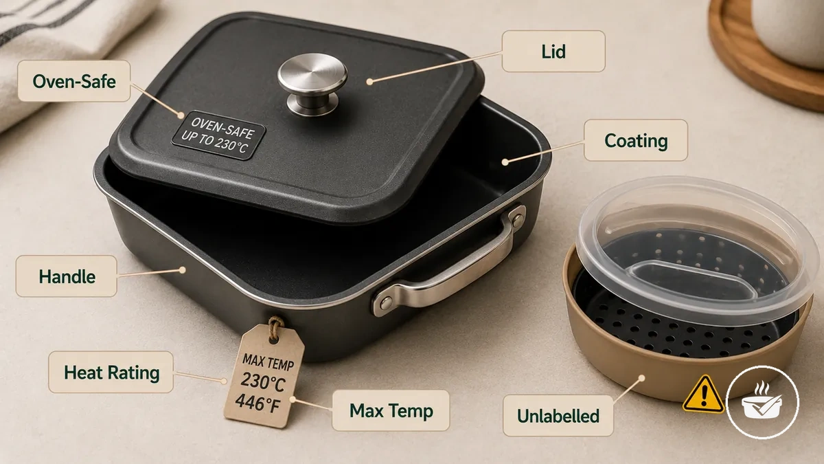 Oven-safe bakeware label and component checks for air fryer use