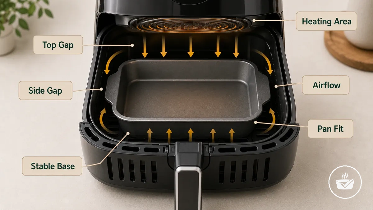 Air fryer basket diagram showing bakeware clearance and airflow around a pan