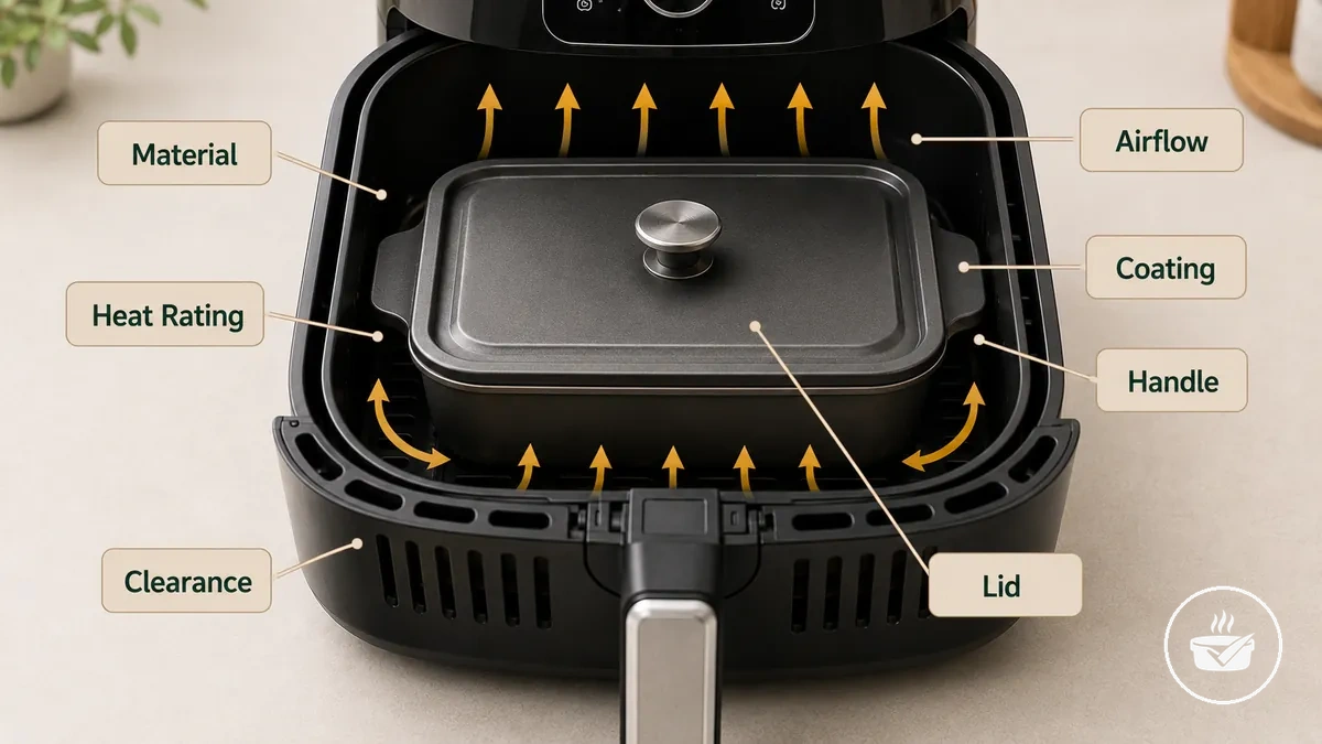 Annotated air fryer bakeware safety checks showing material, heat rating, clearance, and airflow