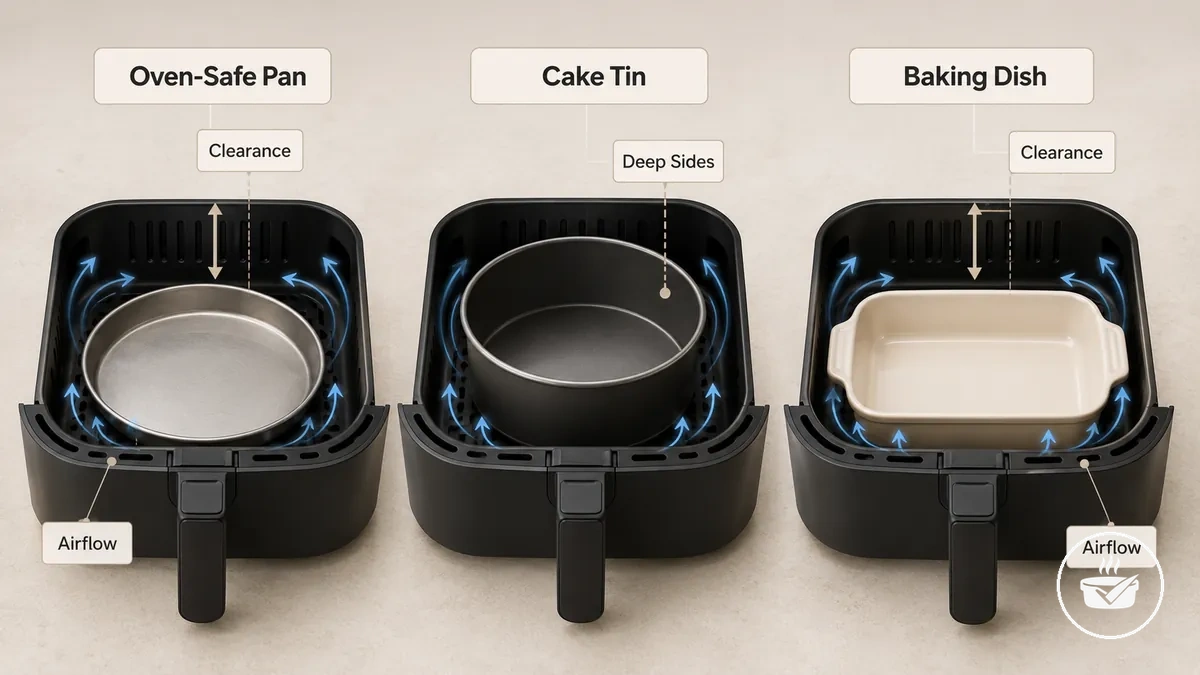 Comparison of oven-safe pans, cake tins, and baking dishes for air fryer fit