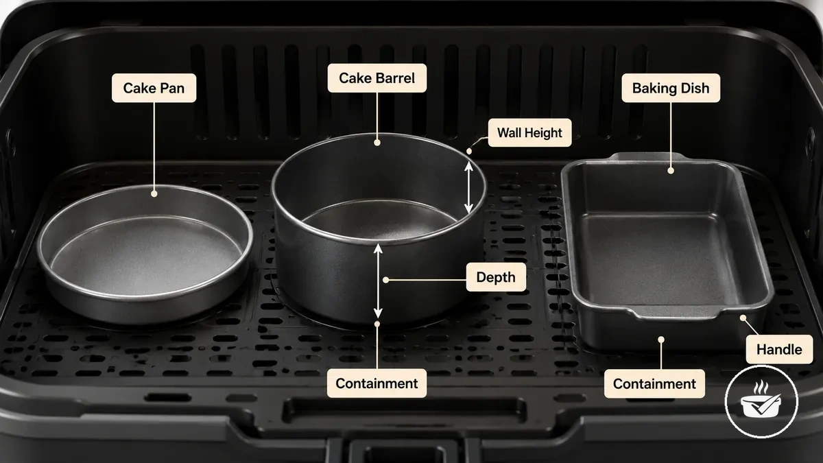 Cake pan cake barrel and baking dish for air fryer baking shown with depth and sidewall labels