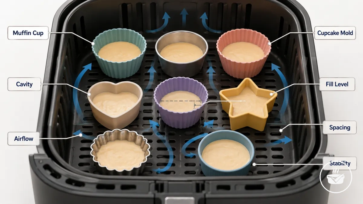 Air fryer muffin cups and cupcake molds showing portion cavities and spacing