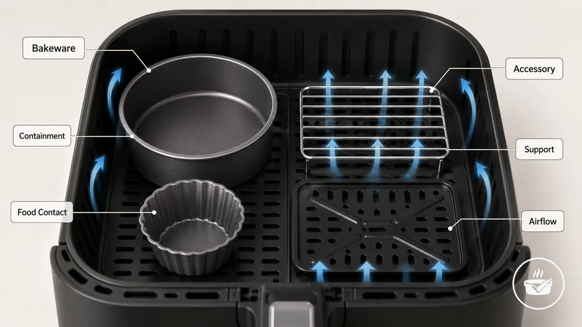 Labeled air fryer bakeware and accessory pieces showing containment and airflow support