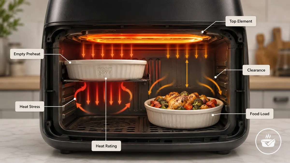 Air fryer bakeware clearance from heating element during preheating