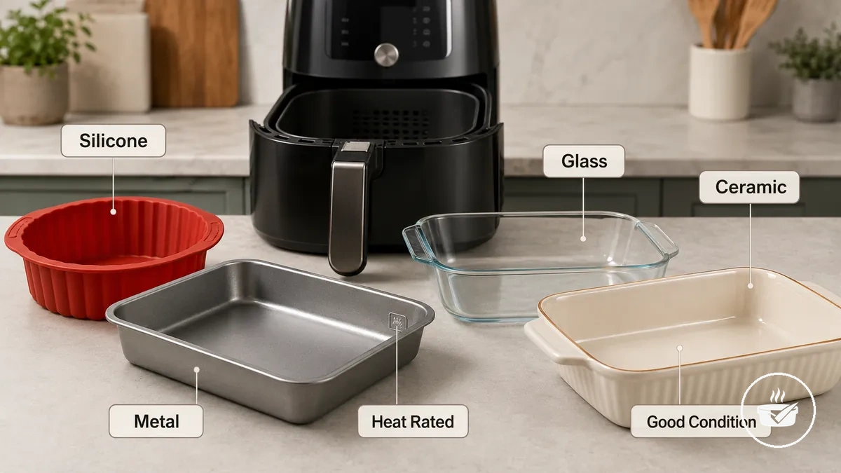 Annotated air fryer bakeware materials showing heat response, browning, and food release