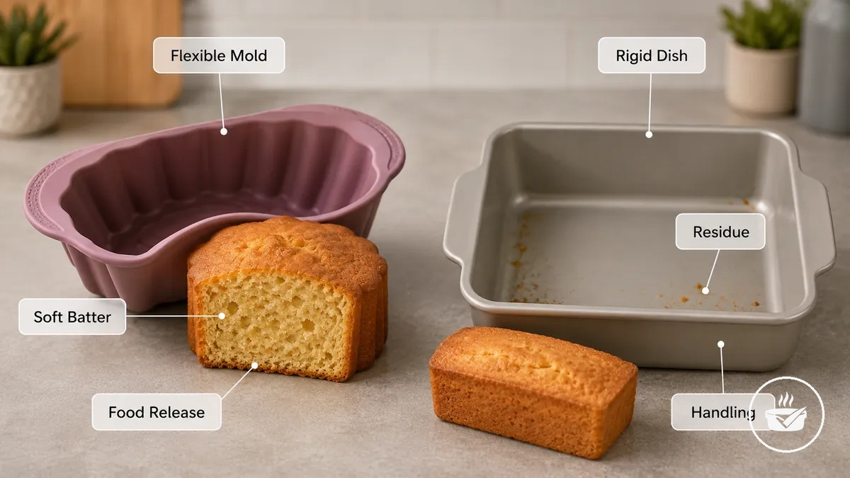 Silicone and rigid air fryer bakeware showing food release and flexibility differences