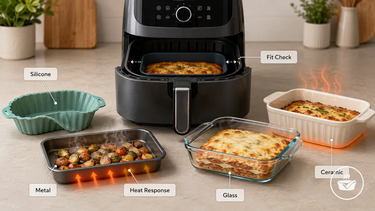Silicone, metal, glass, and ceramic air fryer bakeware compared side by side