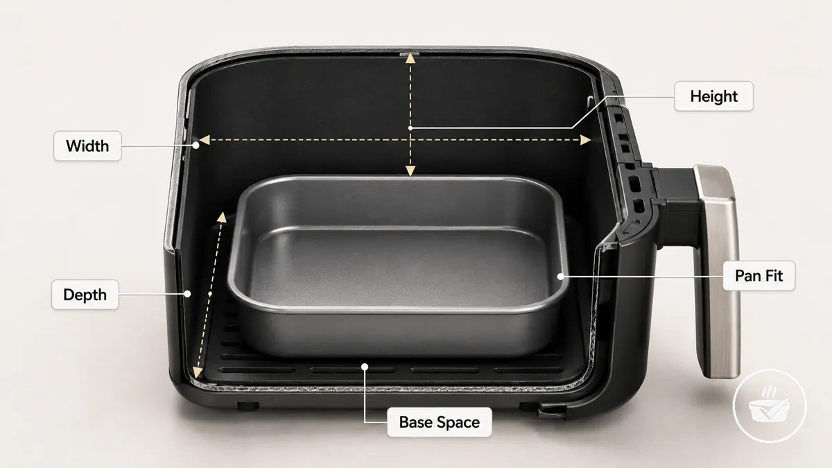 Internal width, depth, height, and usable base space inside an air fryer basket