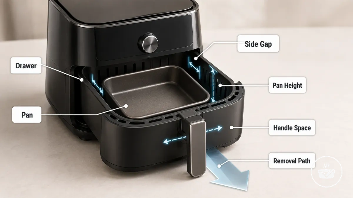 Basket air fryer bakeware fit with drawer clearance and airflow gap
