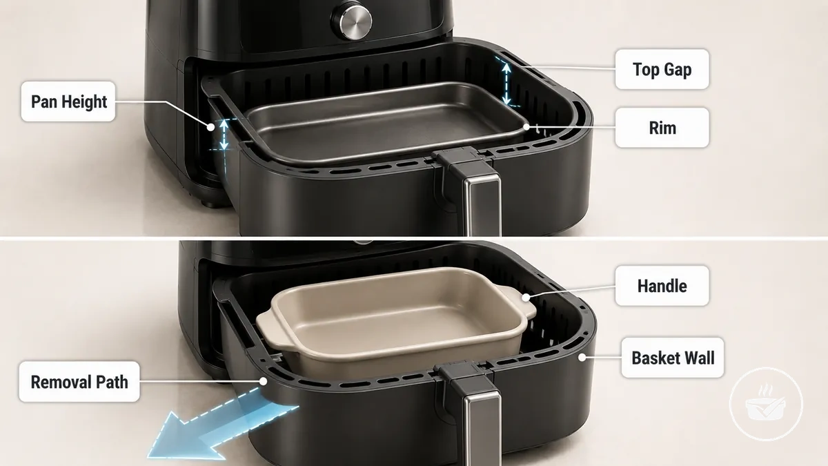 Air fryer pan height and handle clearance inside a removable basket
