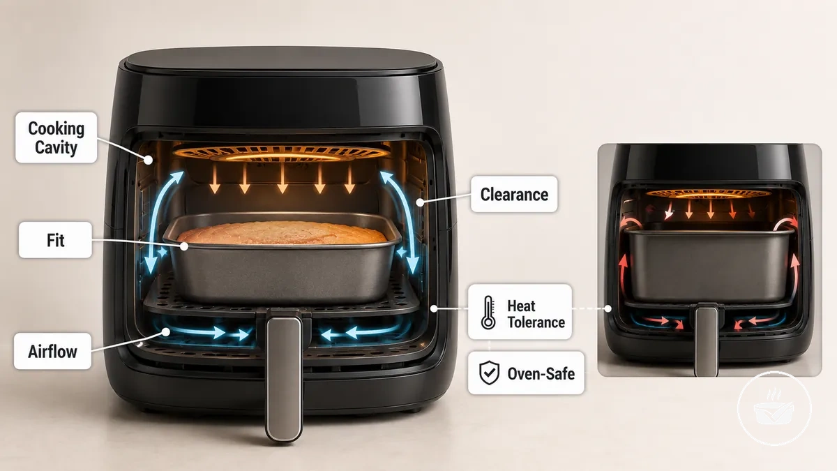 Air fryer bakeware compatibility shown with cooking cavity fit and airflow comparison