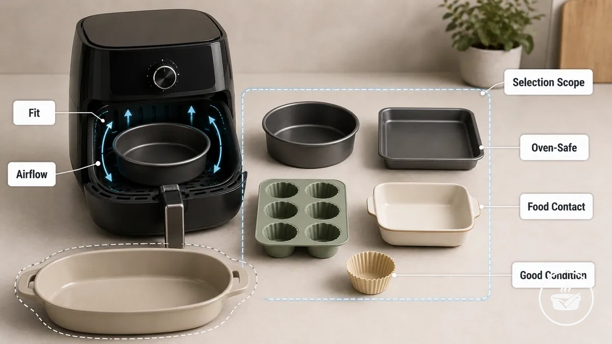 Air fryer-safe bakeware scope showing fit, airflow, food-contact surfaces, and condition checks