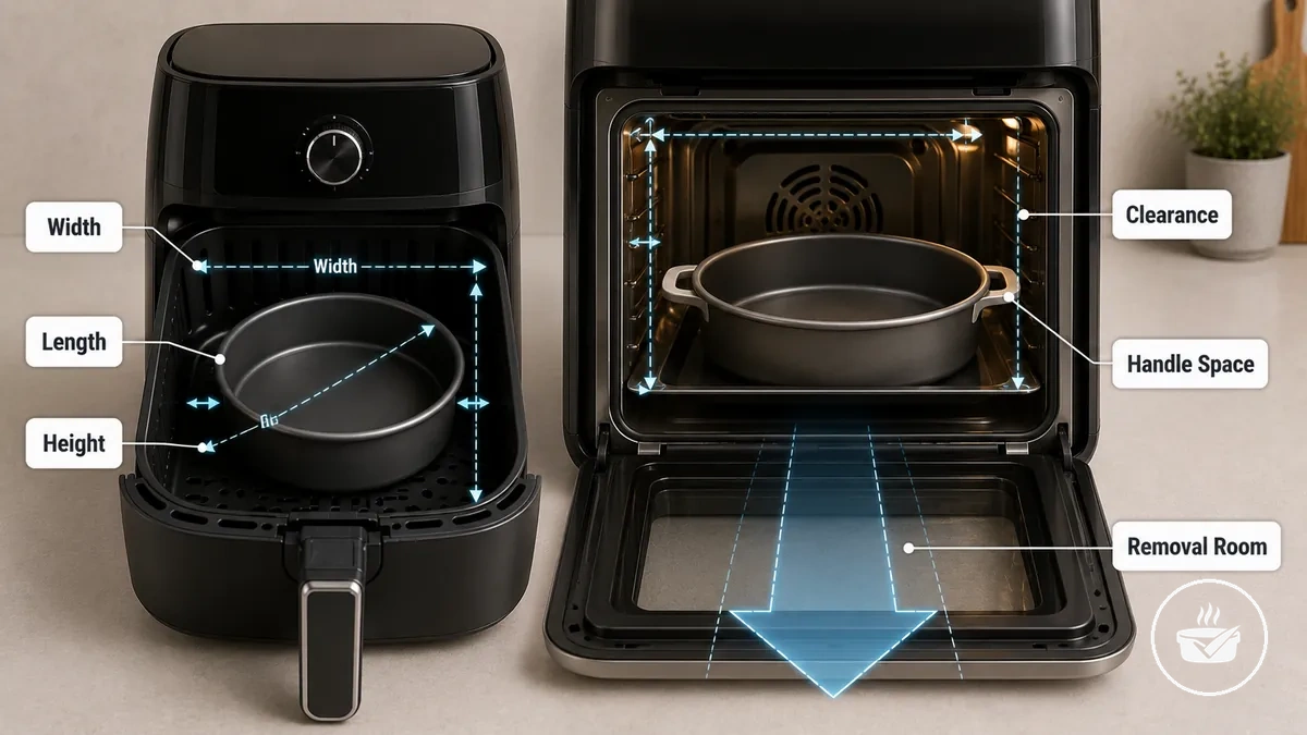 Diagram showing measured cooking space, clearance, and removal room inside an air fryer