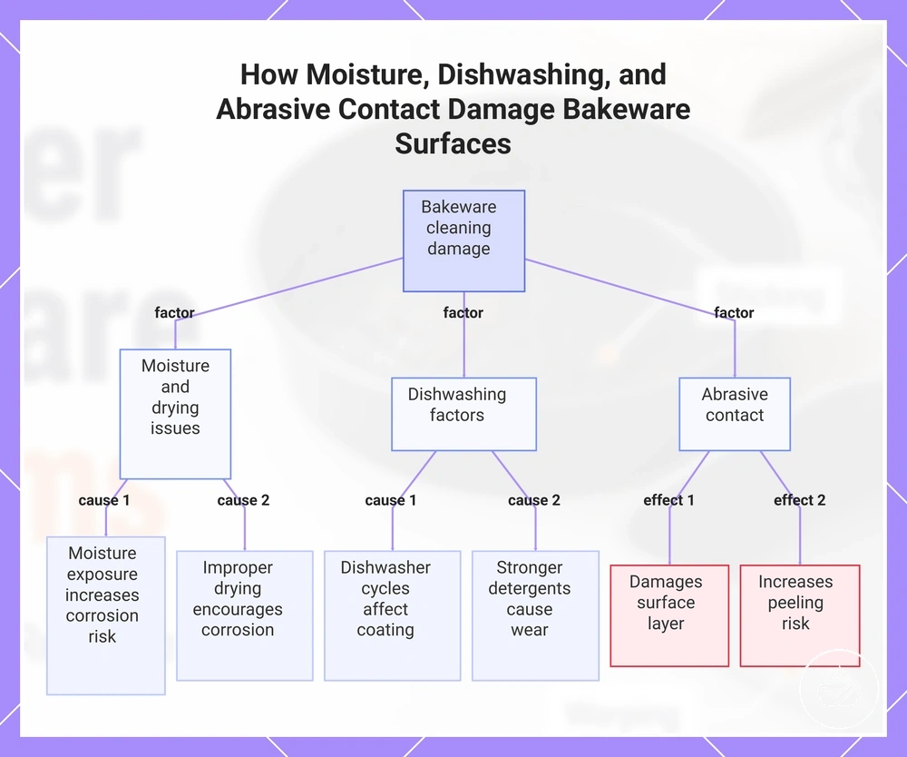 How Moisture, Dishwashing, and Abrasive Contact Damage Bakeware Surfaces