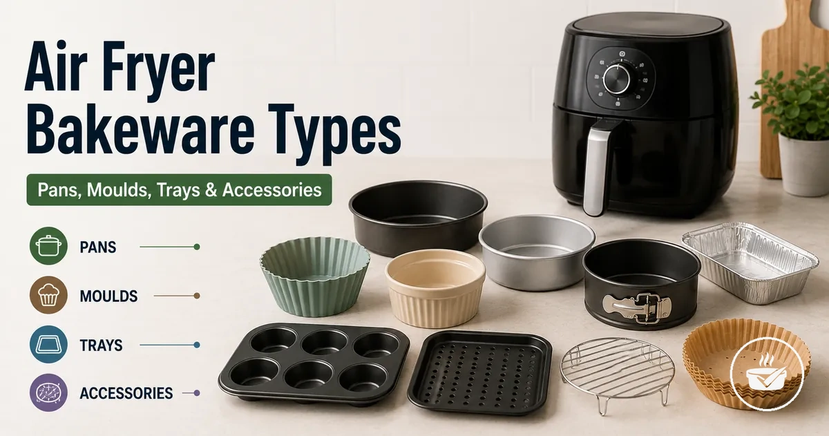 Common air fryer bakeware types including pans, molds, trays, and accessories.