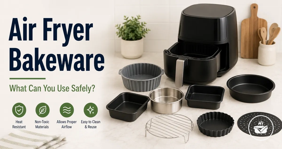 Air fryer safe bakeware options arranged beside a basket-style air fryer.