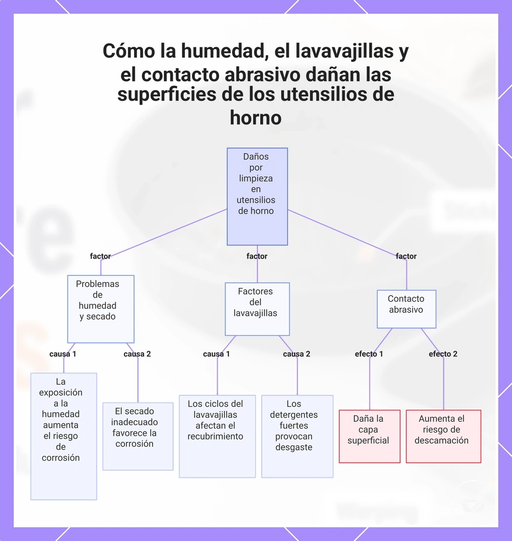 Cómo la humedad, el lavavajillas y el contacto abrasivo dañan las superficies de los utensilios de horno