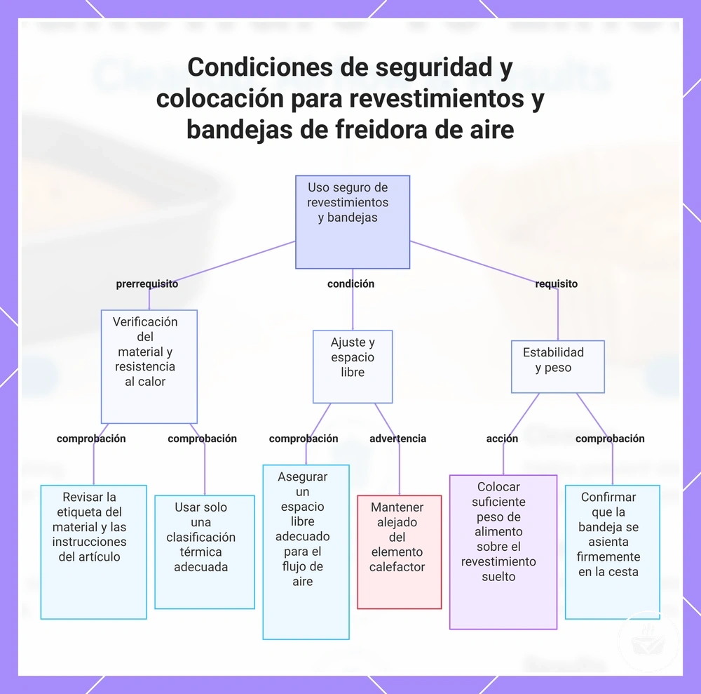 Condiciones de seguridad y colocación para revestimientos y bandejas de freidora de aire