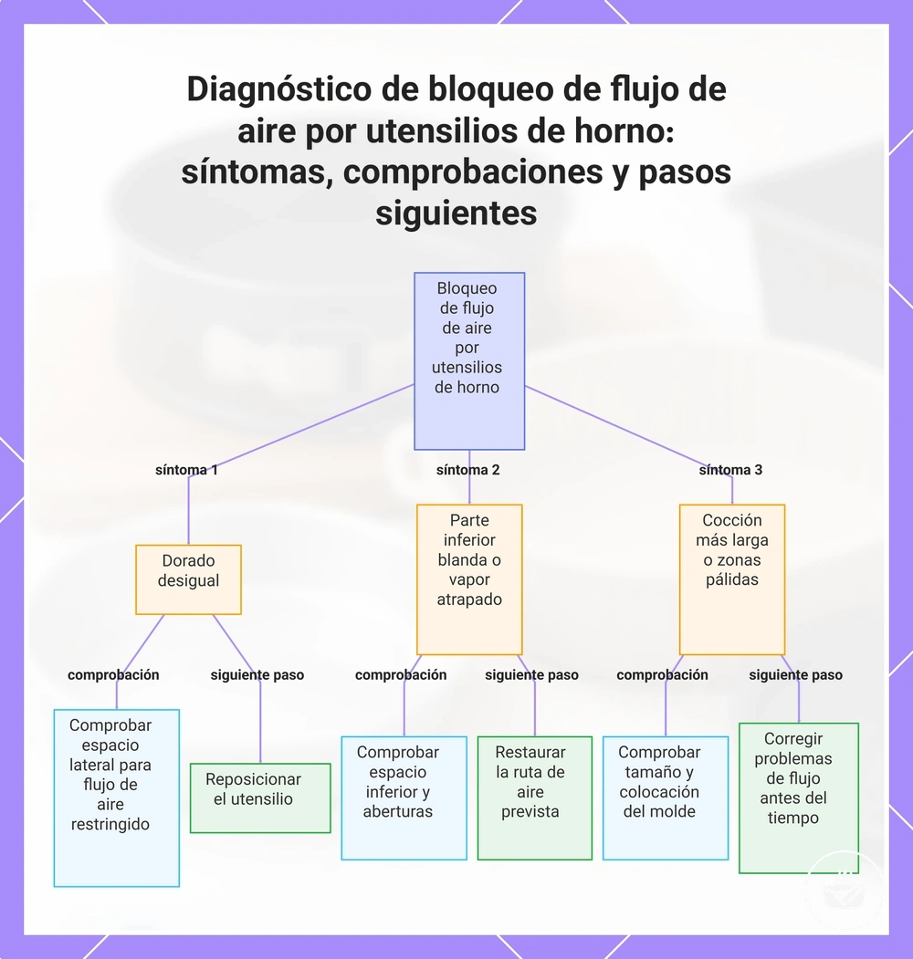 Diagnóstico de bloqueo de flujo de aire por utensilios de horno: síntomas, comprobaciones y pasos siguientes