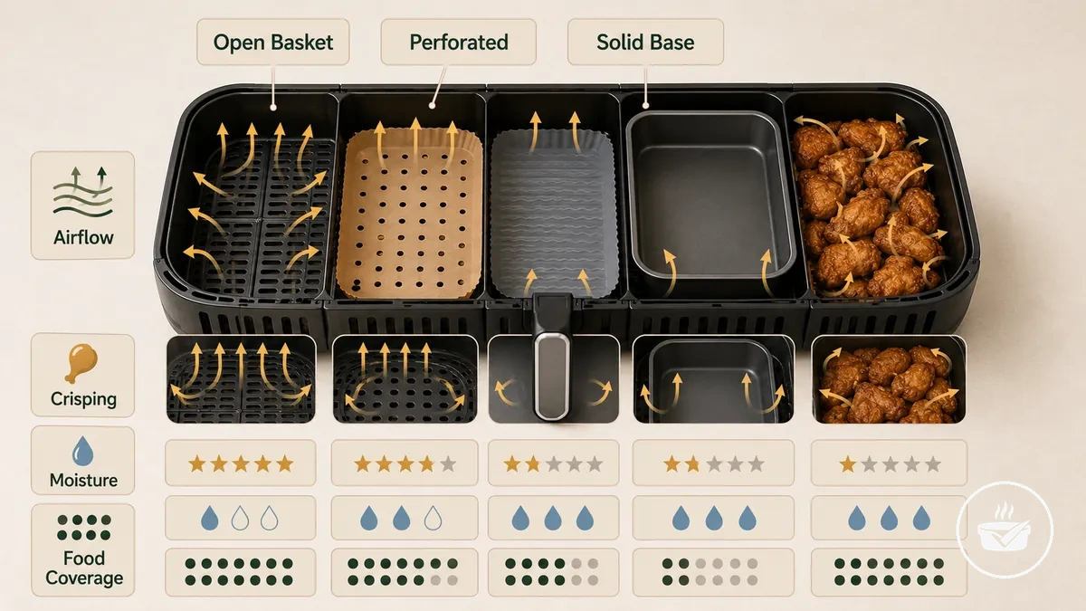 Diagrama del flujo de aire de la freidora de aire alrededor de moldes, revestimientos, agujeros y la superficie de la cesta