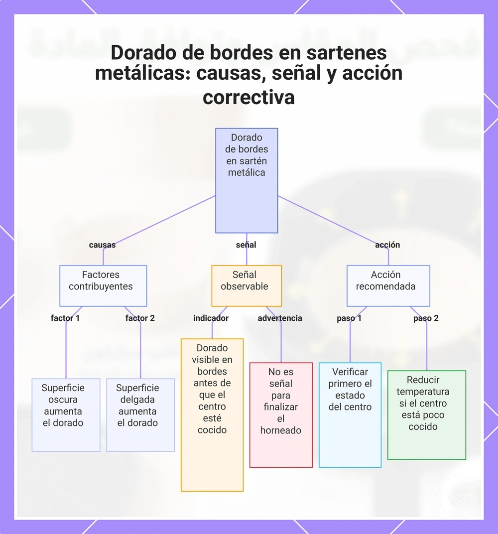 Dorado de bordes en sartenes metálicas: causas, señal y acción correctiva
