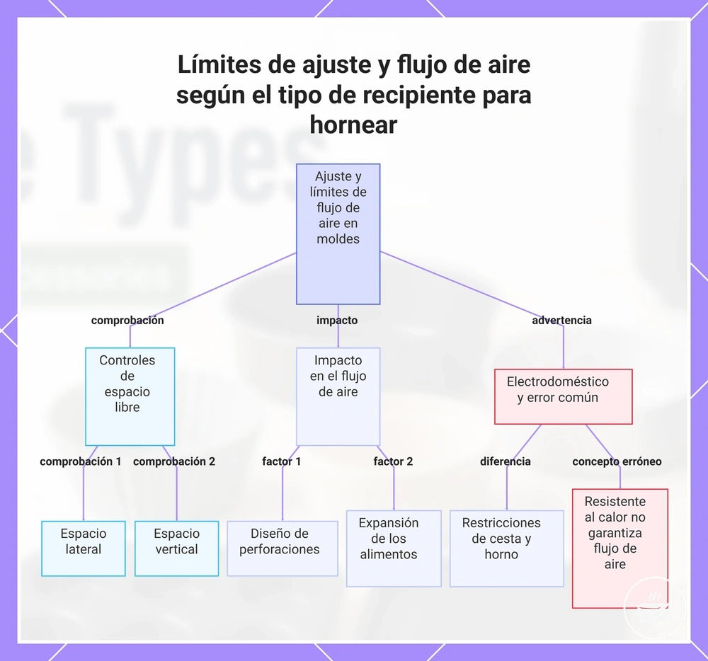 Límites de ajuste y flujo de aire según el tipo de recipiente para hornear