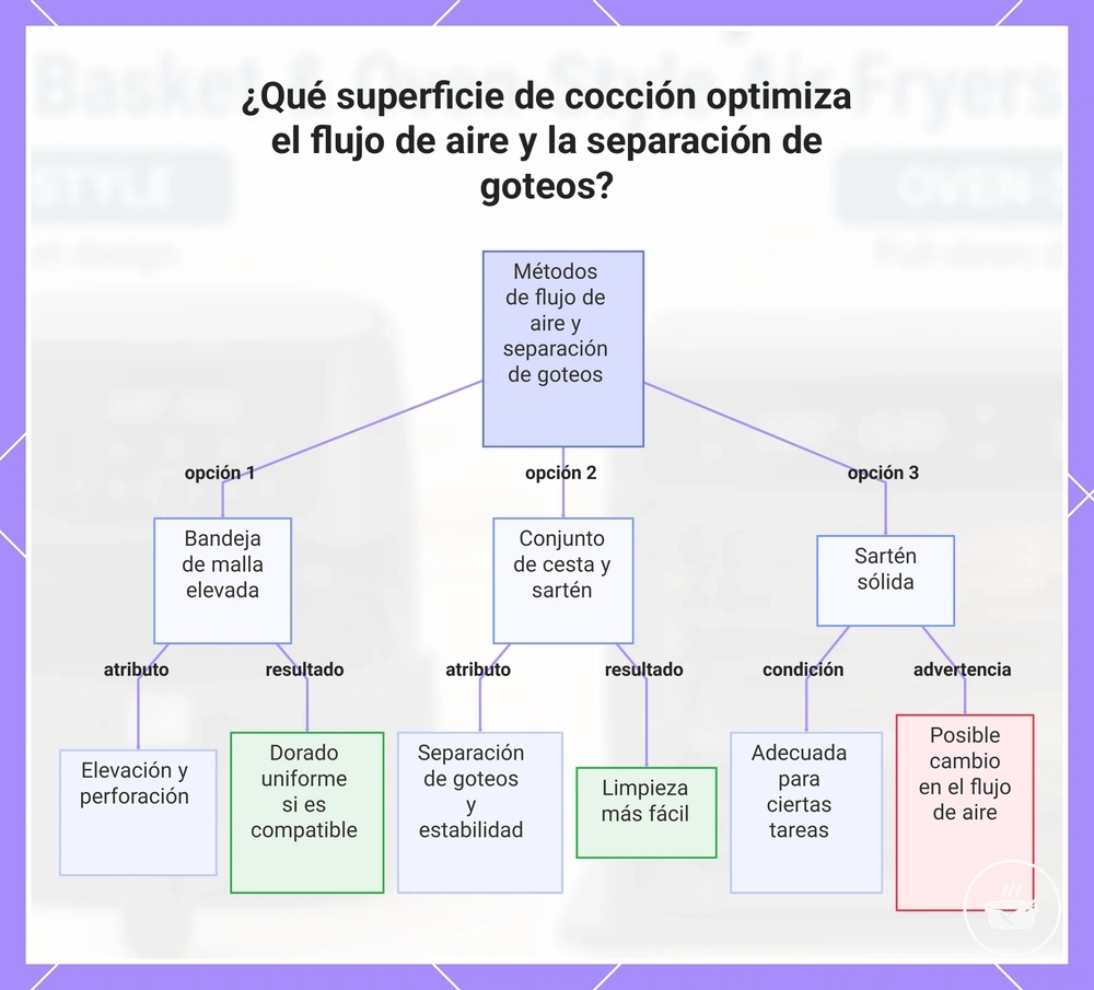 ¿Qué superficie de cocción optimiza el flujo de aire y la separación de goteos?