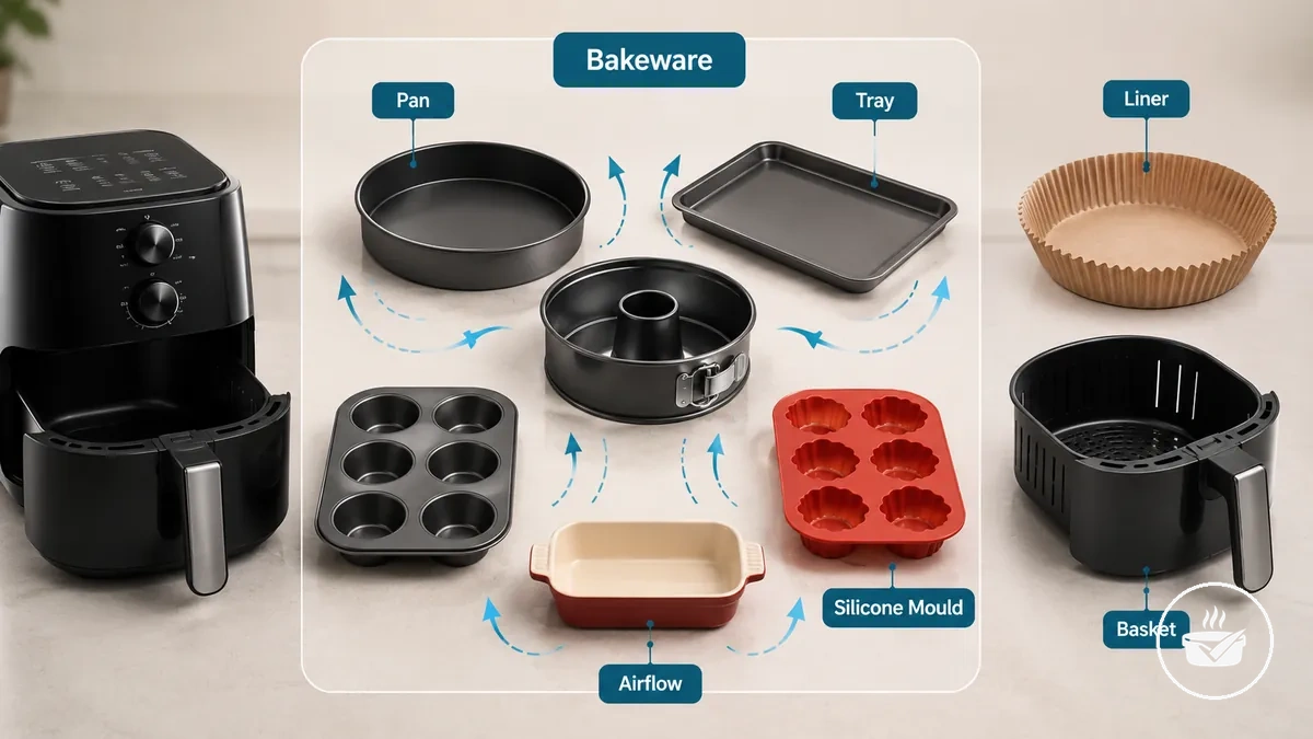 Moldes y accesorios para freidora de aire que incluyen recipientes, bandejas, moldes de silicona y fuentes de horneado