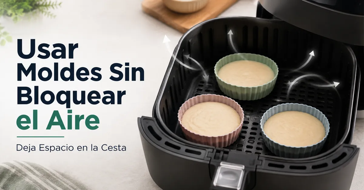 Moldes para freidora de aire colocados dentro de la cesta con espacio para la circulación del aire.
