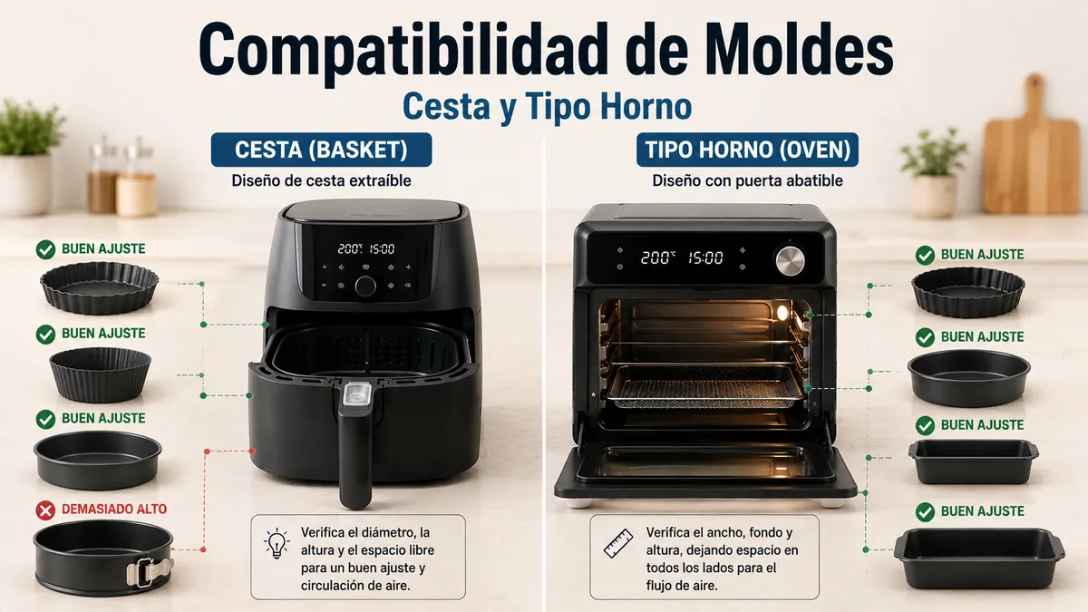 Ejemplos de moldes que encajan en freidoras de aire con cesta y de tipo horno.