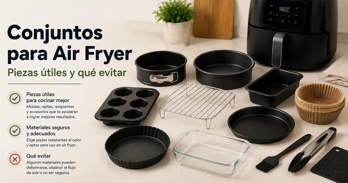 Conjunto para hornear en freidora de aire con moldes, recipientes, rejillas y accesorios útiles.