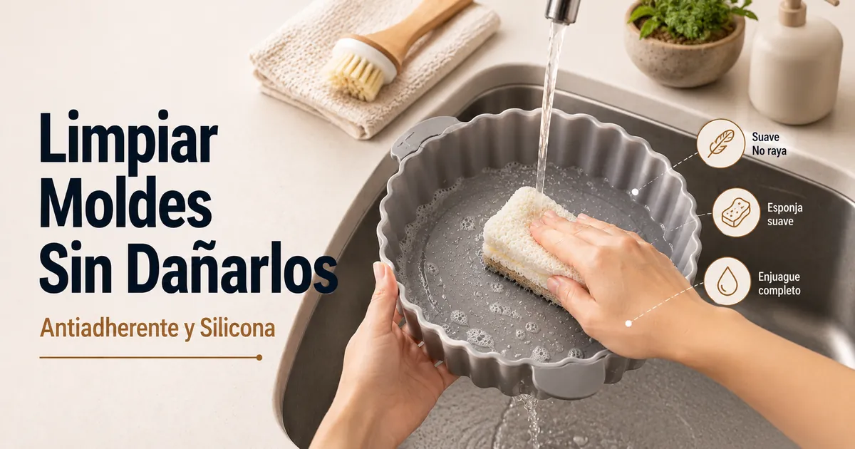 Moldes para freidora de aire durante la limpieza de superficies antiadherentes y de silicona.