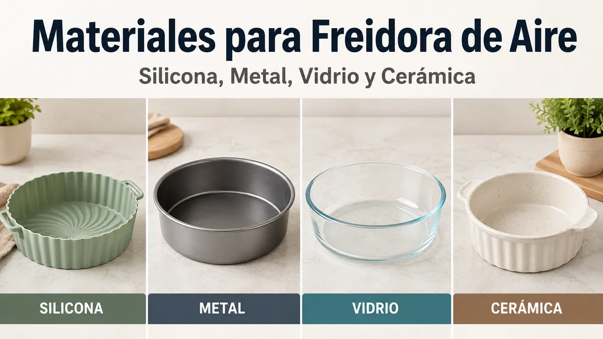 Moldes de silicona, metal, vidrio y cerámica para freidora de aire mostrados juntos.